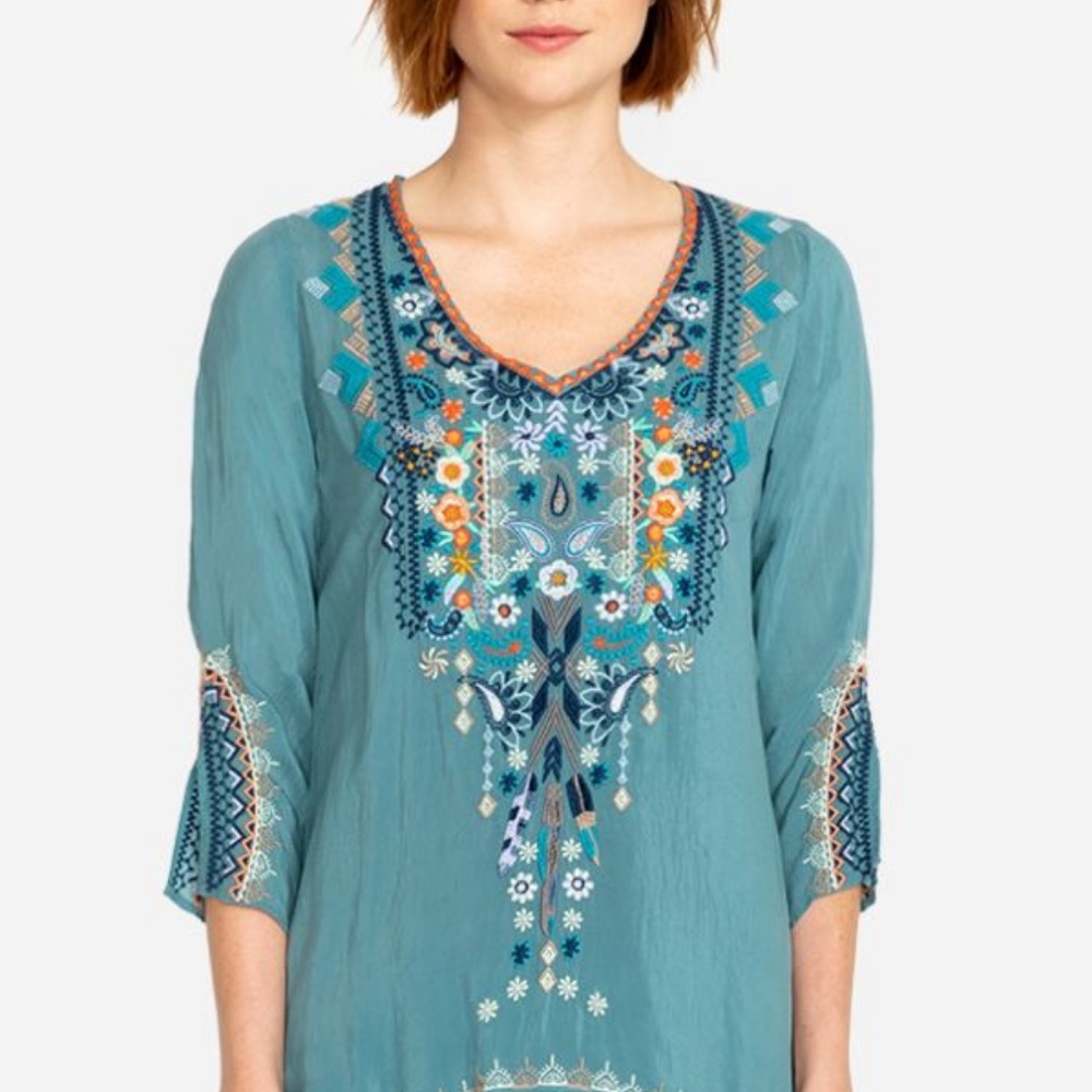 Johnny Was Teal V-Neck Embroidered Flutter Sleeve Blouse - Picture 2 of 5
